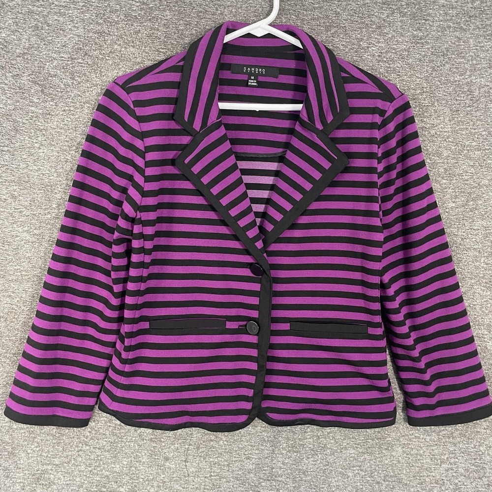 Sandro Studio Blazer Womens M Purple Black Stripe Knit Tailored Work Jacket